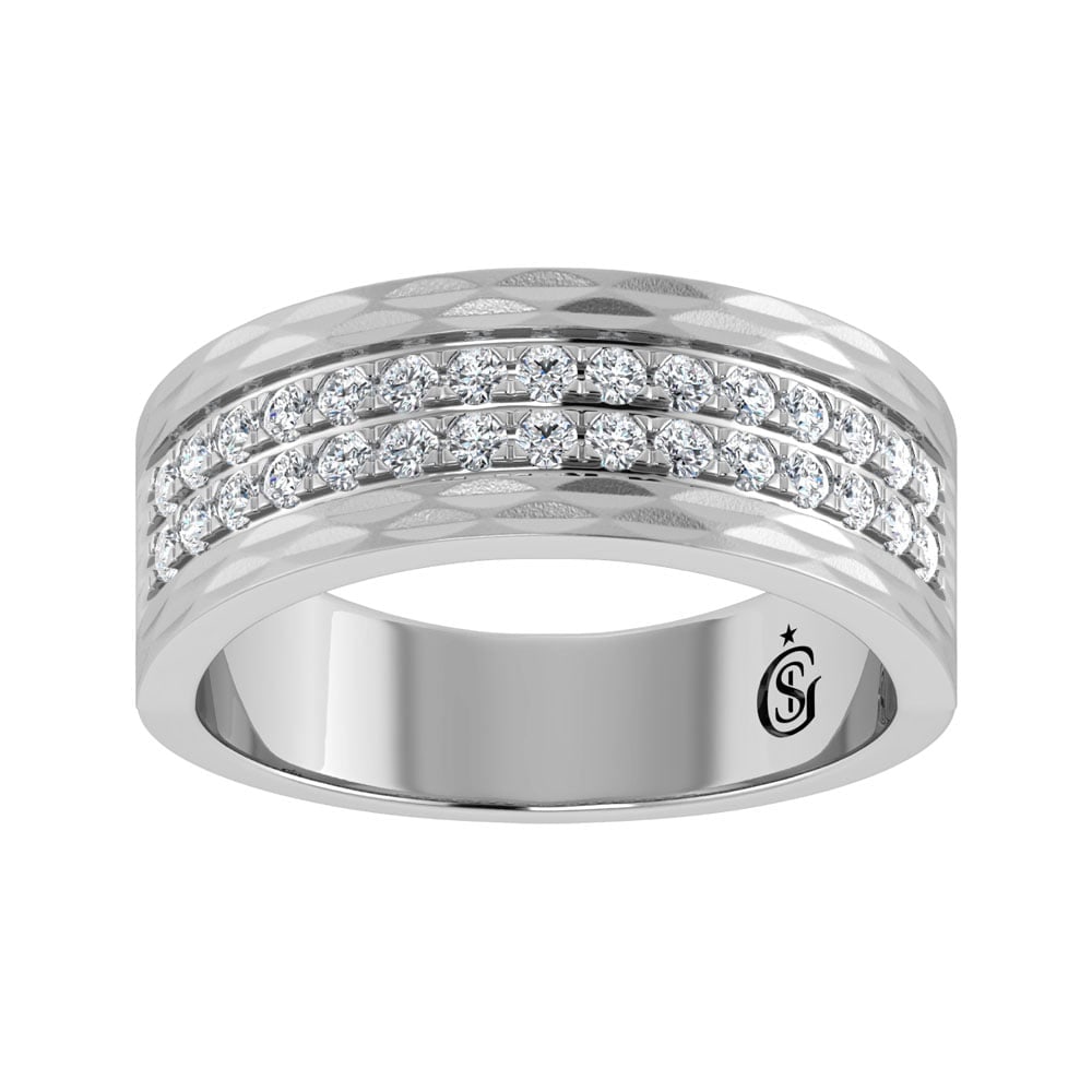 14K White Gold Diamond 3/4.Ct. Tw. Mens Machine Band: 14K White Gold Diamond 3/4.Ct. Tw. Mens Machine Band 14k White Gold Stone Color: G-h Stone Clarity: Si2 Each ring is presented in standard size 6.5. Complimentary resizing is available between sizes 5