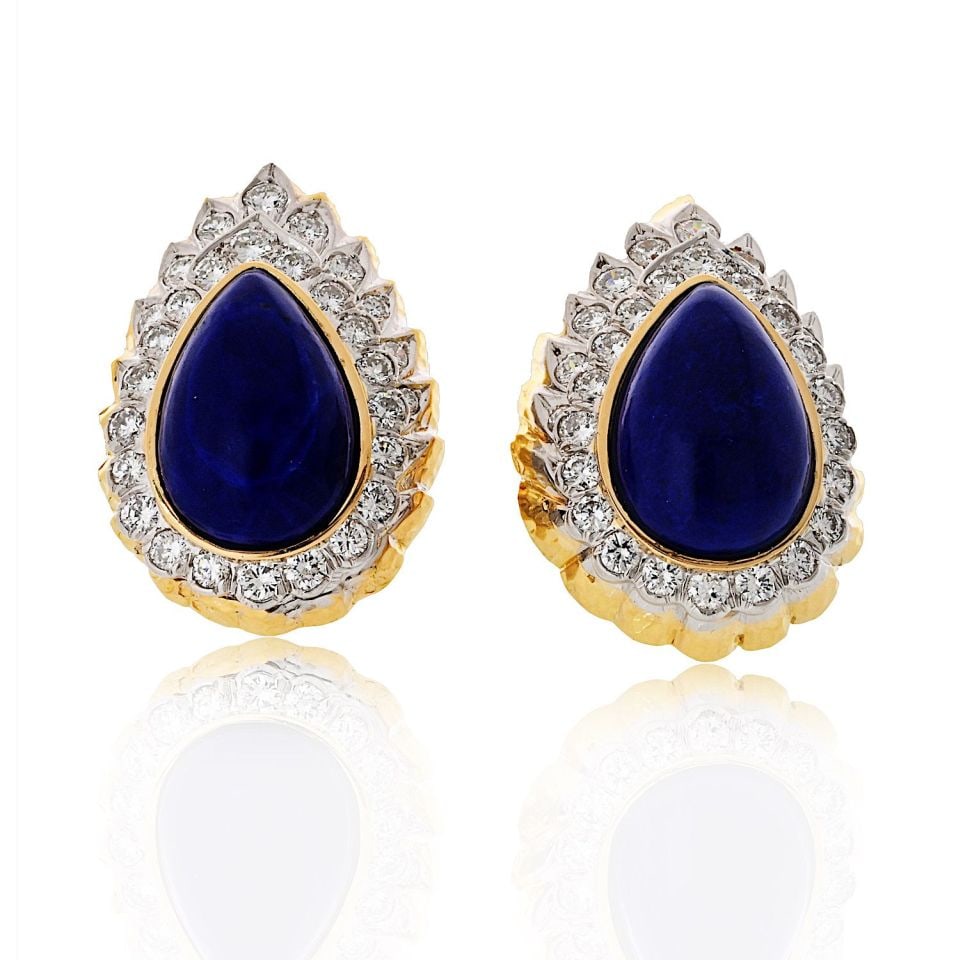 David Webb Platinum 18K Yellow Gold Lapis Diamond Clip Earrings Certified (1 of 4)