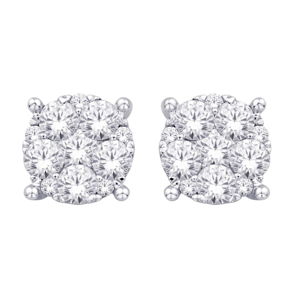 14K White Gold 1 Ct.Tw. Diamond Flower Stud Earrings: 14K White Gold 1 Ct.Tw. Diamond Flower Stud Earrings These Stud Earrings Fashioned In 14K White Gold, Each Earrings Features A Round Diamond Center Stone Surrounded By A Shimmering Frame Of Round Acce