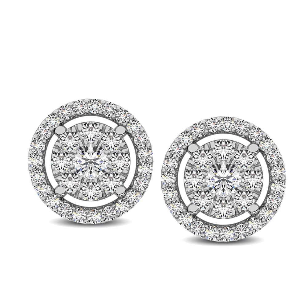Diamond 1/2 Ct.Tw. Round Double Frame Stud Earrings: Diamond 1/2 Ct.Tw. Round Double Frame Stud Earrings Crafted in precious 10K White gold, it features a sparkling round-shaped diamond composite inside a diamond-lined circle frame. Radiant with 1/2