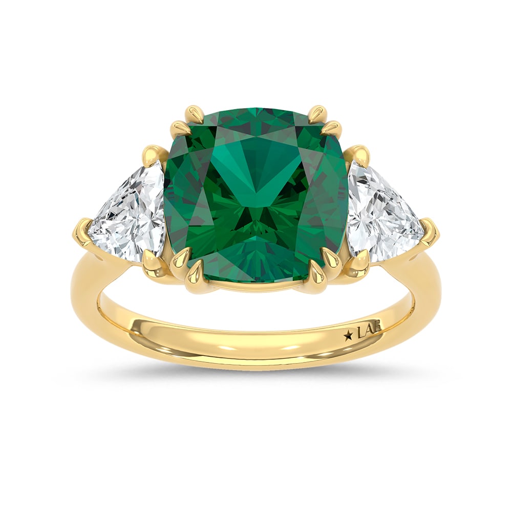 14K Yellow Gold Lab Grown Diamond 5 1/3 Ct.Tw. Cushion Shape Recrystalized Emerald Engagement Ring: 14K Yellow Gold Lab Grown Diamond 5 1/3 Ct.Tw. Cushion Shape Recrystalized Emerald Engagement Ring (Center 3 7/8 ct) Celebrate refined elegance with this 14K yellow gold engagement ring, featuring a d
