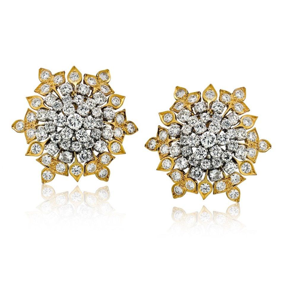 David Webb 13 Carat Diamond Cluster Earrings in Platinum and 18K Gold: David Webb 13 Carat Diamond Cluster Earrings in Platinum and 18K Gold Elevate your elegance with these exquisite David Webb earrings featuring a striking 13.00 carats of white round brilliant diamonds