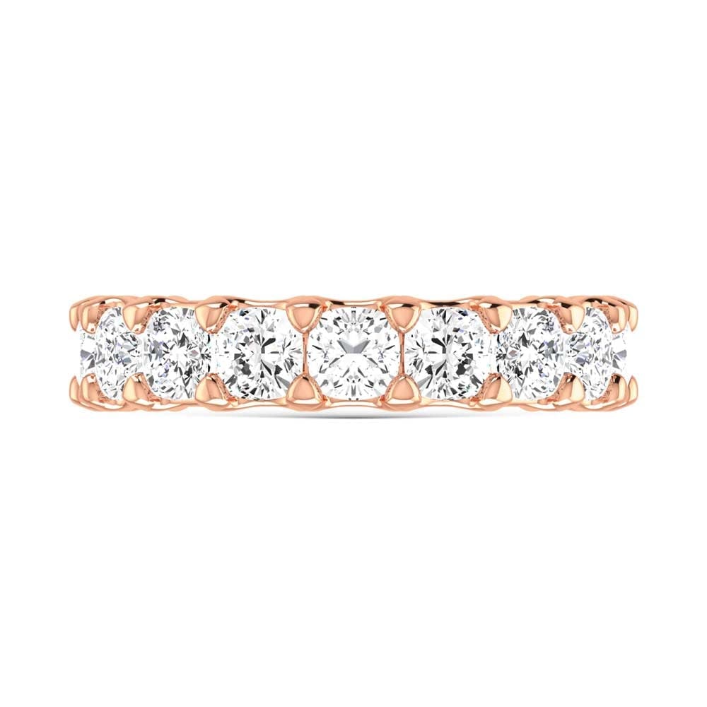 18K Rose Gold 3 3/4 CT Tw. Cushion Shape Lab Grown Diamond Three Forth Eternity Band: 18K Rose Gold 3 3/4 CT Tw. Cushion Shape Lab Grown Diamond Three Forth Eternity Band 18k Rose Gold Stone Color: F Stone Clarity: Vs Each ring is presented in standard size 6.5. Complimentary resizing
