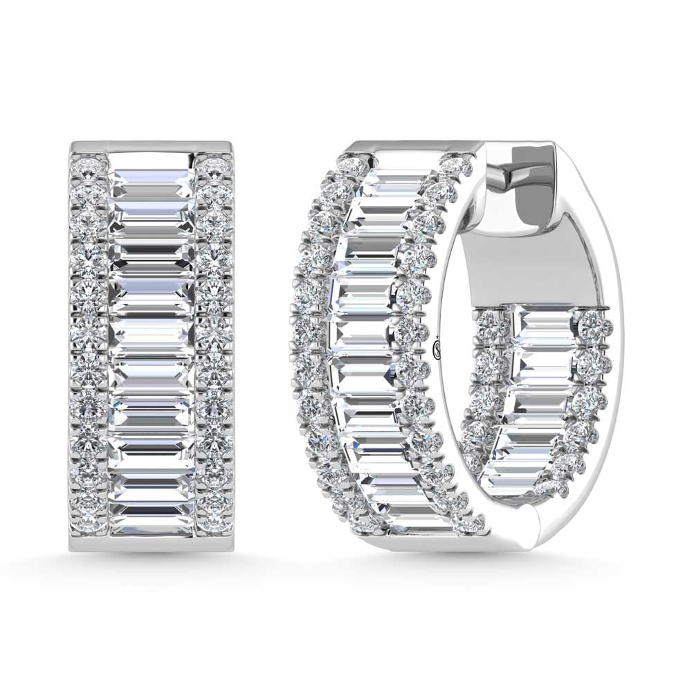 14K White Gold Round & Baguette Lab Grown Diamond 3 Ct.Tw. Hoop Earrings: 14K White Gold Round & Baguette Lab Grown Diamond 3 Ct.Tw. Hoop Earrings Glamorous 14K white gold hoops with 3 Ct.Tw. lab-grown diamonds in round & baguette cuts, perfect for elegance. 14k White Gold