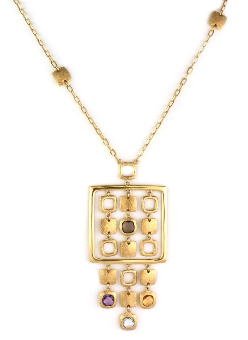 Elegant 18k Yellow Gold Square Pendant with Amethyst and Blue Topaz: Elegant 18k Yellow Gold Square Pendant with Amethyst and Blue Topaz This exquisite pendant and chain necklace is crafted from 18k yellow gold, featuring a combination of textured and polished finishes