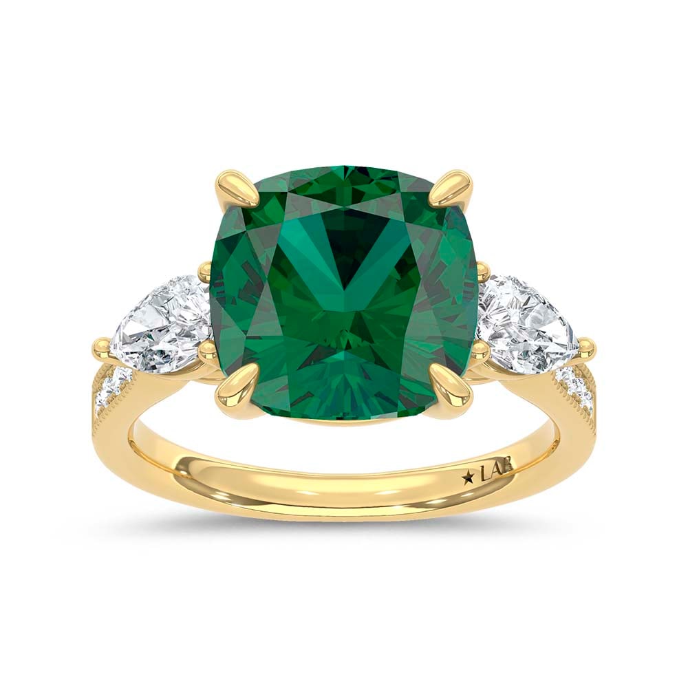 14K Yellow Gold Lab Grown Diamond 4 5/8 Ct.Tw. Cushion Shape Recrystalized Emerald Engagement Ring: 14K Yellow Gold Lab Grown Diamond 4 5/8 Ct.Tw. Cushion Shape Recrystalized Emerald Engagement Ring (Center 3 7/8 ct) Celebrate refined elegance with this 14K yellow gold engagement ring, featuring a s