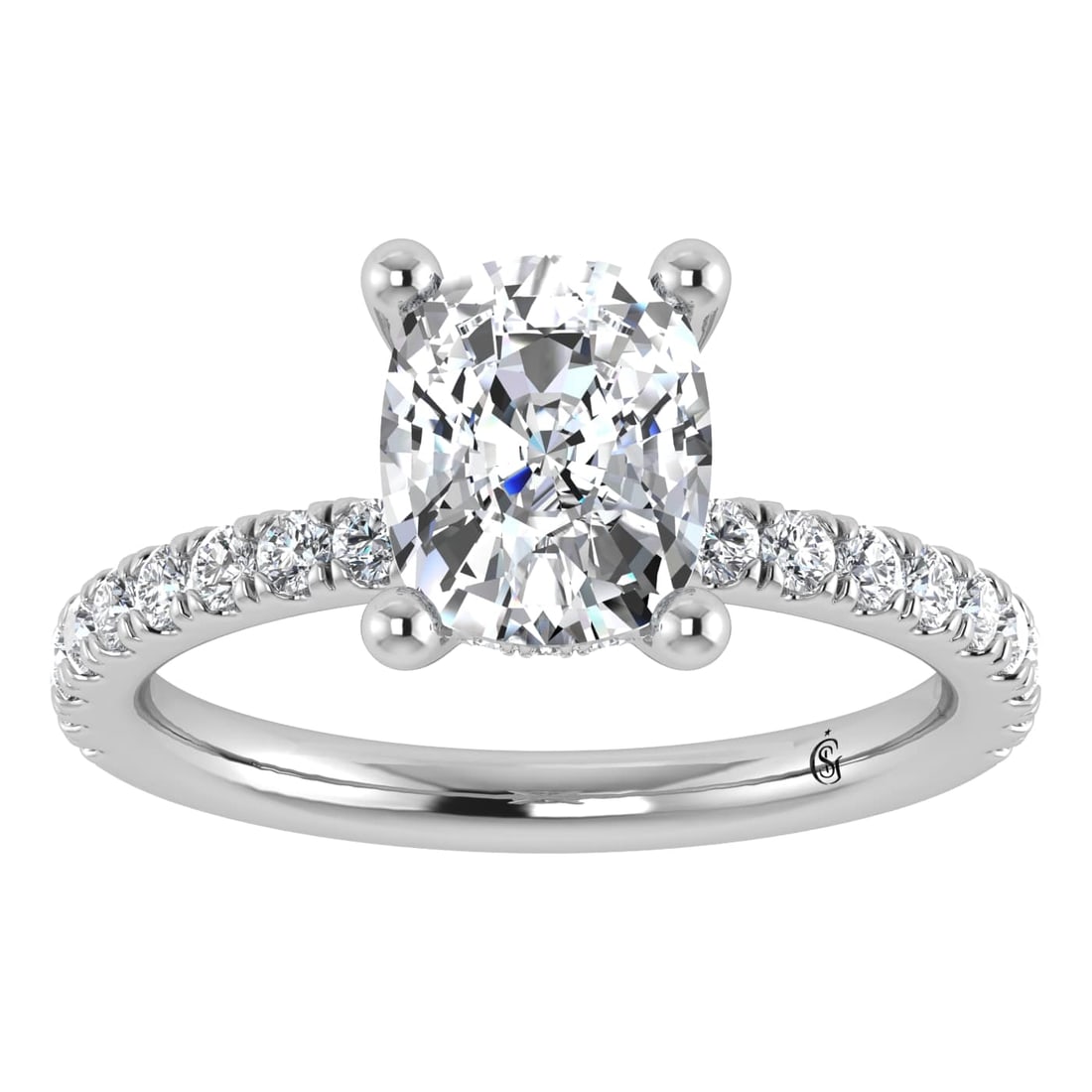 14K White Gold Lab Grown Diamond 3 3/8 Ct.Tw. IGI Certified Elongated Cushion Engagement Ring: 14K White Gold Lab Grown Diamond 3 3/8 Ct.Tw. IGI Certified Elongated Cushion Engagement Ring (Center 3CT) Discover subtle brilliance and modern elegance with our Hidden Halo Diamond Engagement Ring. 