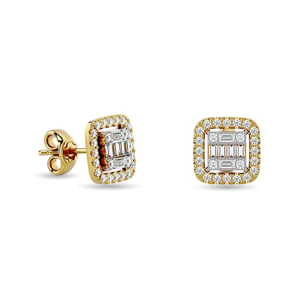 Diamond 1/3 Ct.Tw. Round and Baguette Fashion Earrings in 14K Yellow Gold: Diamond 1/3 Ct.Tw. Round and Baguette Fashion Earrings in 14K Yellow Gold 14k Yellow Gold Stone Color: G-h Stone Clarity: Si2 The Diamond Depot Guarantee: All items in this auction are guaranteed to b