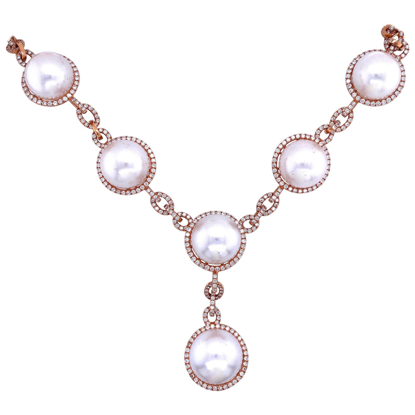 Harbor Diamonds 18K Rose Gold South Sea Pearl Diamond Drop Necklace 4.20 Carats: Harbor Diamonds 18K Rose Gold South Sea Pearl Diamond Drop Necklace 4.20 Carats This exquisite drop necklace showcases a stunning design crafted from 18K rose gold. Adorned with 8 South Sea pearls, ea