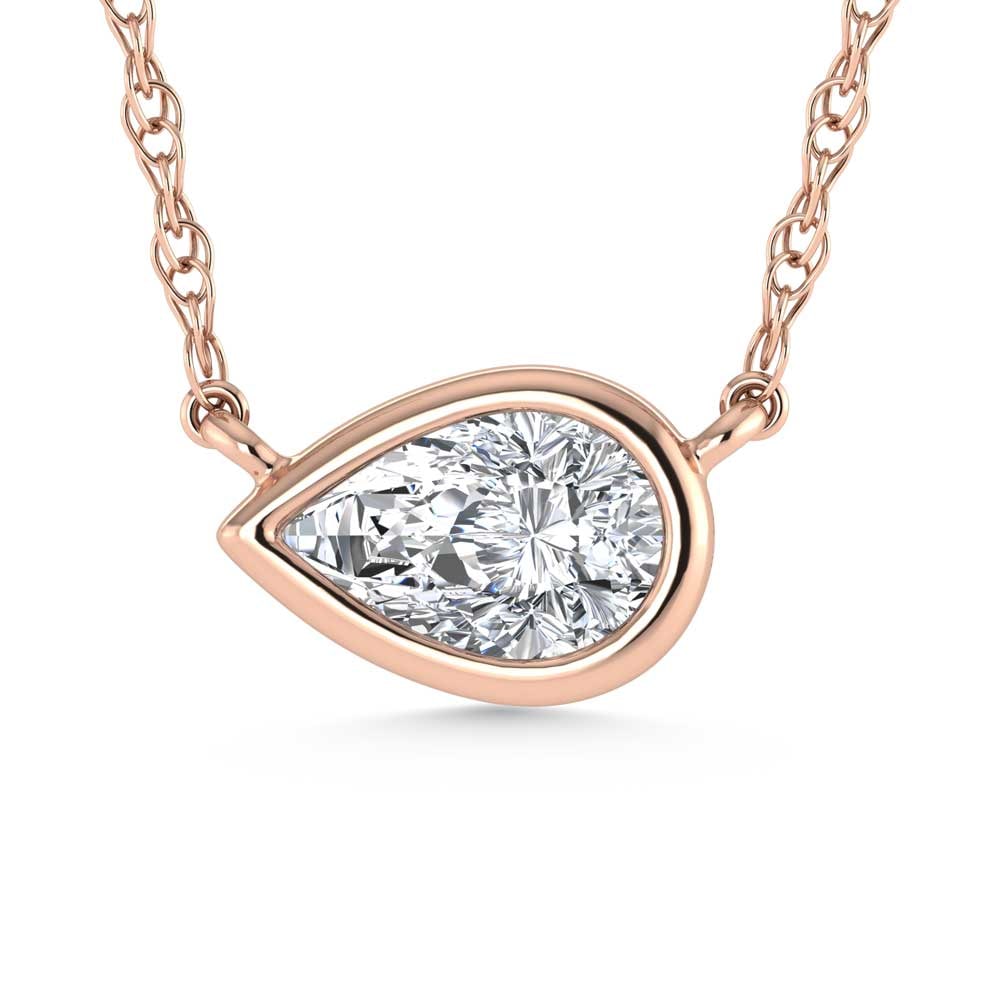 14K Rose Gold Lab Grown Diamond 1 Ct.Tw. Pear Shape Solitaire Necklace - 16 inches: 14K Rose Gold Lab Grown Diamond 1 Ct.Tw. Pear Shape Solitaire Necklace - 16 inches A beautifully cut pear-shaped lab-grown diamond totaling 1 carat total weight shines from its 14K rose gold setting,