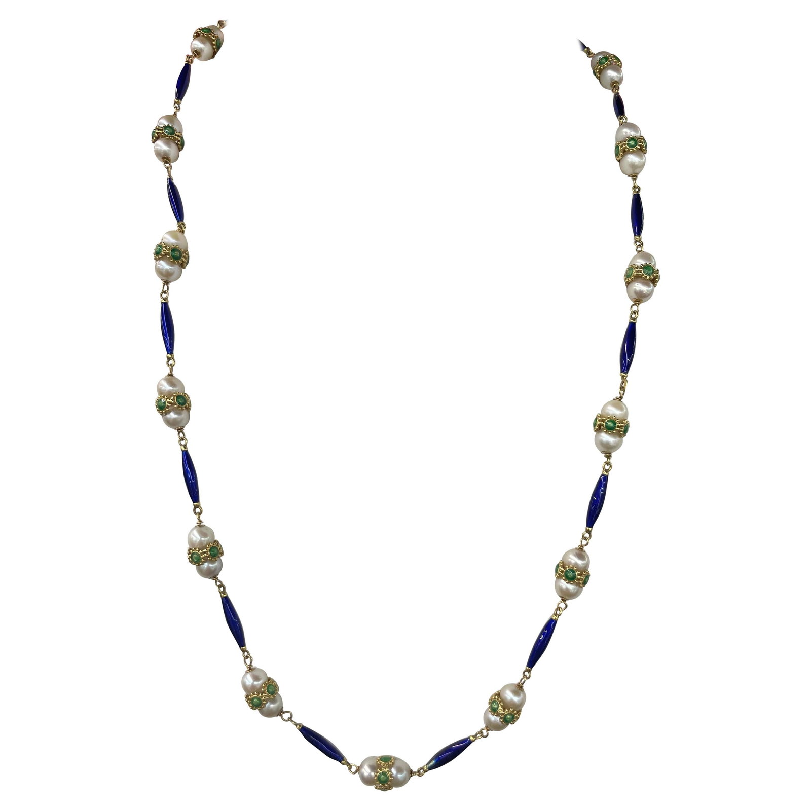 Harbor Diamonds 18K Yellow Gold Vintage Pearl Necklace with Green Blue Enamel: Harbor Diamonds 18K Yellow Gold Vintage Pearl Necklace with Green Blue Enamel This exquisite Vintage Green & Blue Enamel Pearl Necklace is crafted from 18 karat yellow gold, showcasing a contemporary
