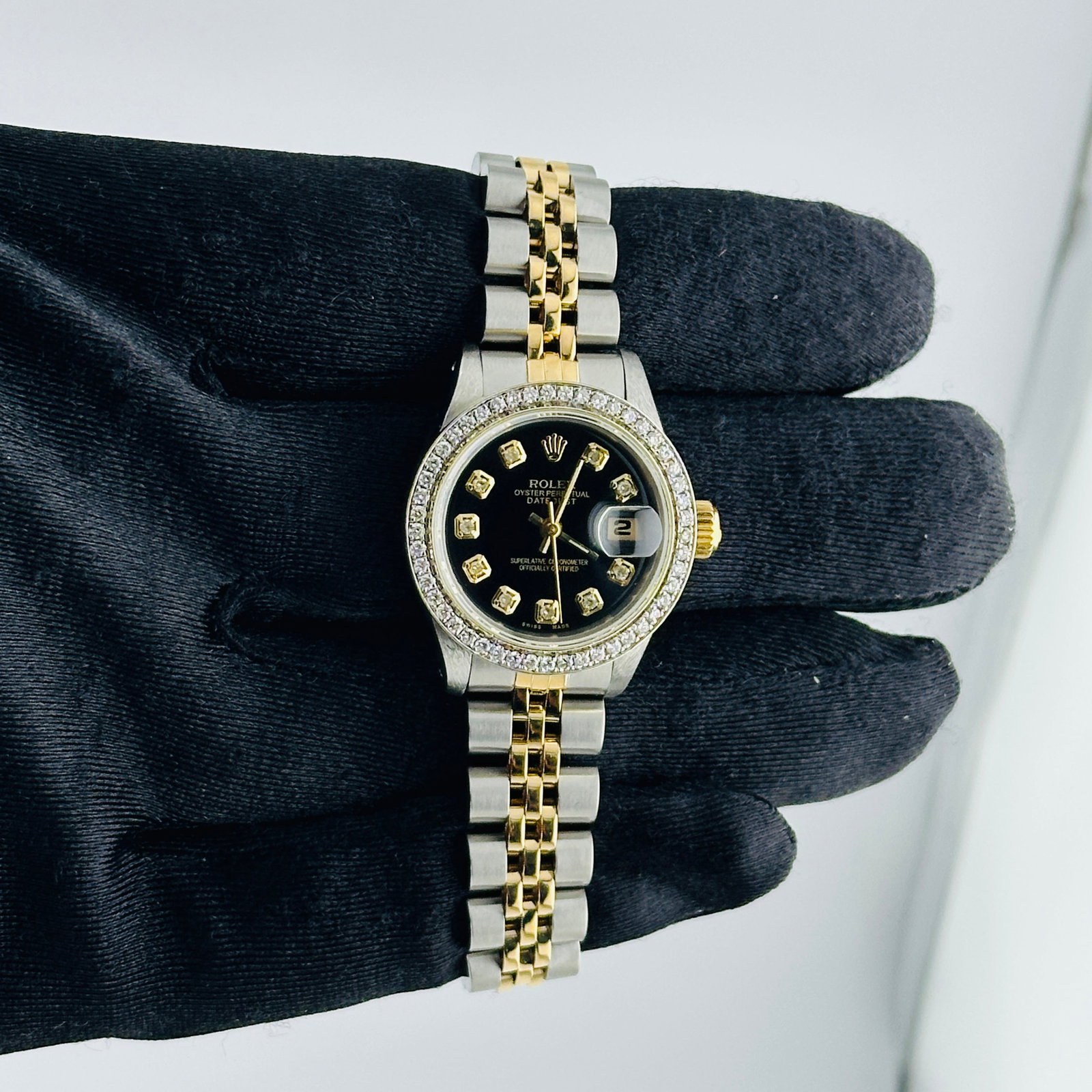 Aftermarket Black Diamond Dial Rolex Datejust Lady 69173 Jubilee Watch (1 of 3)