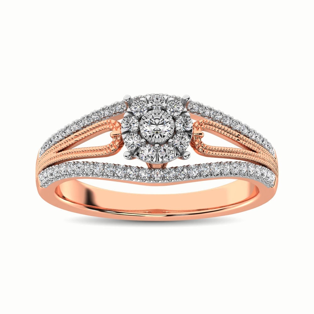10K Rose Gold 1/3 Ct.Tw. Diamond Engagement Ring: 10K Rose Gold 1/3 Ct.Tw. Diamond Engagement Ring This beautiful engagement ring is available in 10K Rose Gold. There are 64 round diamonds with a total carat weight of 1/3 Ct.Tw. set in a Shared Prong
