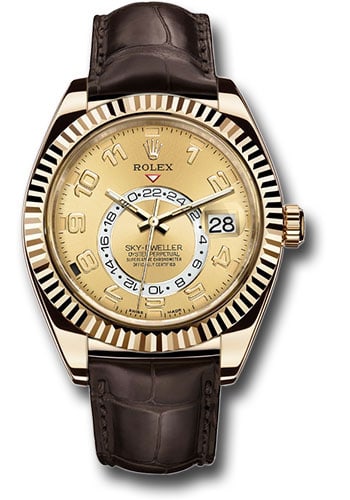 2021 Rolex Sky Dweller 326138 Champagne Arabic Dial Leather Strap Green Card: 2021 Rolex Sky Dweller 326138 Champagne Arabic Dial Leather Strap Green Card This Rolex Sky Dweller features a champagne Arabic dial and a fluted bezel, complemented by a leather bracelet. The timepie