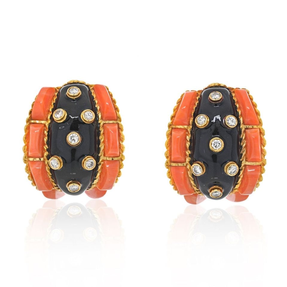David Webb Vintage Platinum 18K Gold Coral Enamel Diamond Earrings: David Webb Vintage Platinum 18K Gold Coral Enamel Diamond Earrings These stunning vintage earrings from David Webb are crafted in a luxurious combination of platinum and 18K yellow gold, showcasing an