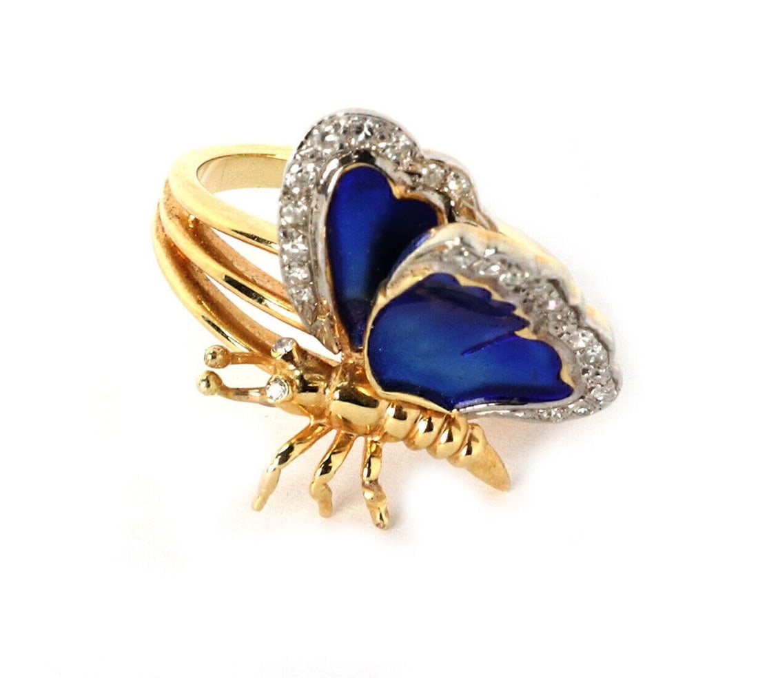 14k Two Tone Gold Butterfly Ring with Diamonds and Blue Enamel Size 6 (1 of 7)