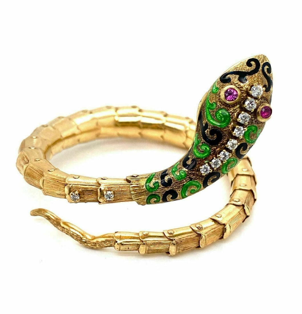 14K Yellow Gold Snake Wrap Flex Bangle Bracelet with Diamonds and Rubies (1 of 10)