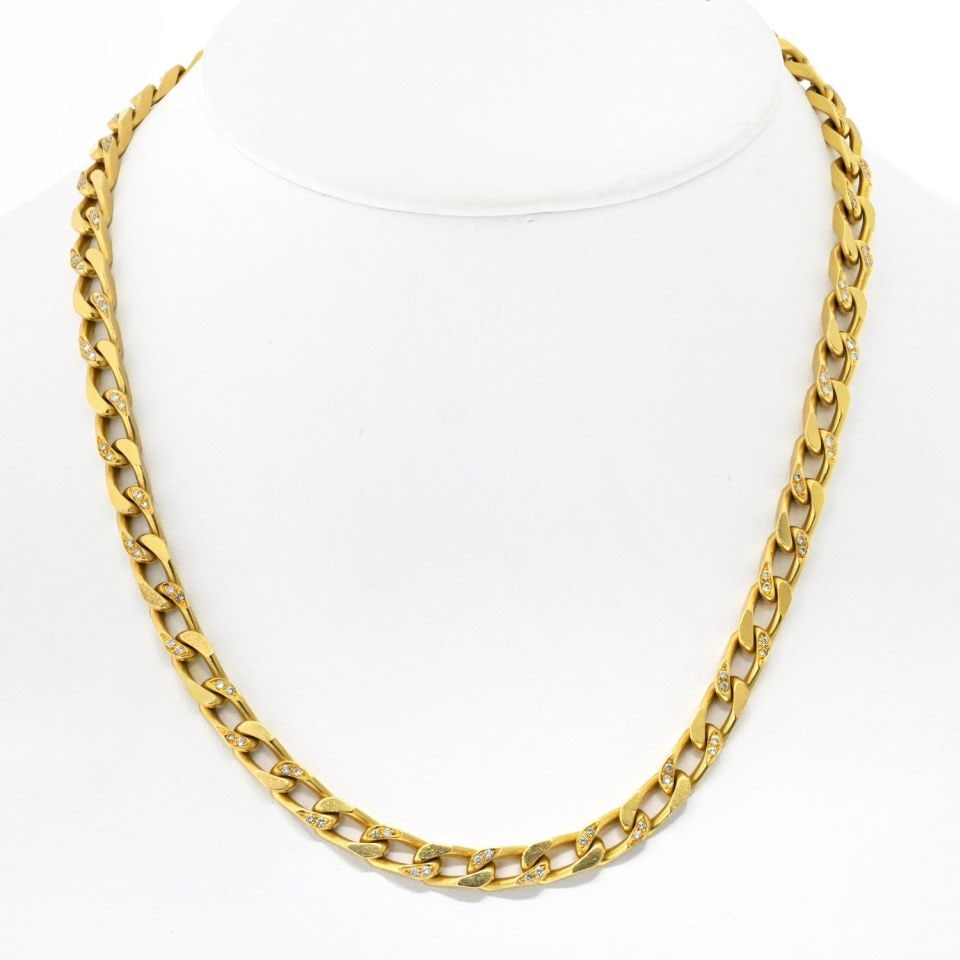 Bvlgari 1960s 18K Yellow Gold Diamond Link Necklace 18": Bvlgari 1960s 18K Yellow Gold Diamond Link Necklace 18" This exquisite necklace from Bvlgari, crafted in rich 18K yellow gold, showcases a stunning design from the 1960s. Measuring 18 inches in length