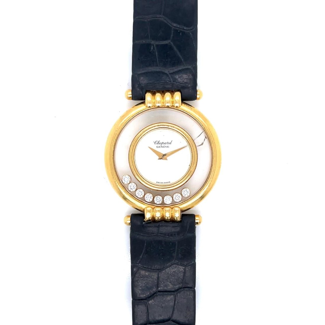 Chopard 18K Yellow Gold Happy Diamond Quartz Watch 35mm: Chopard 18K Yellow Gold Happy Diamond Quartz Watch 35mm This exquisite Chopard Happy Diamond Watch is crafted in 18K yellow gold and features a stunning design that embodies elegance and luxury. Weigh
