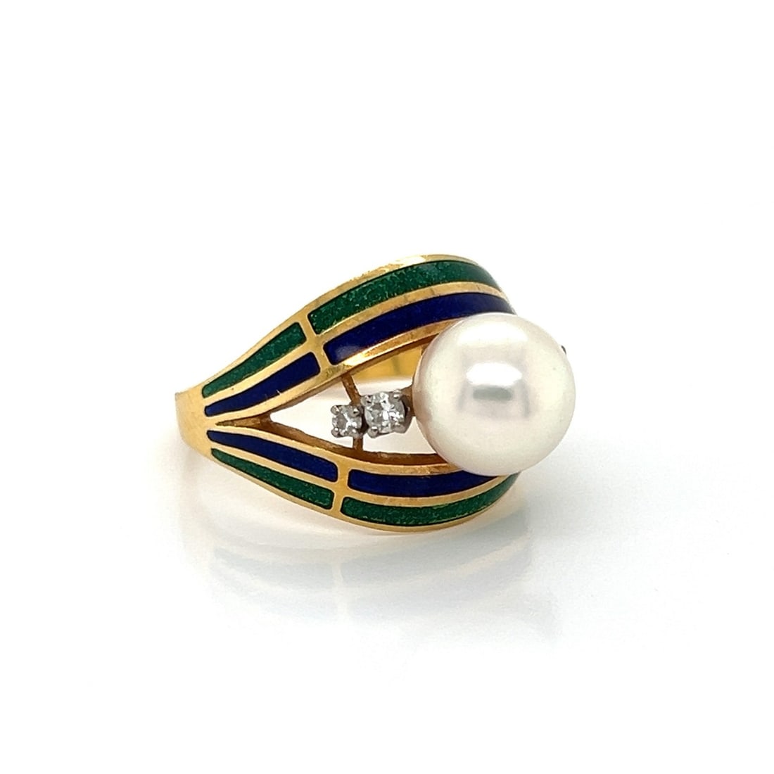Size 5 Dome Ring with Pearl Diamond Enamel in 18k Gold by Mikimoto: Size 5 Dome Ring with Pearl Diamond Enamel in 18k Gold by Mikimoto This Mikimoto dome ring is crafted from 18k yellow gold and features a signature design adorned with exquisite pearls, natural diamon