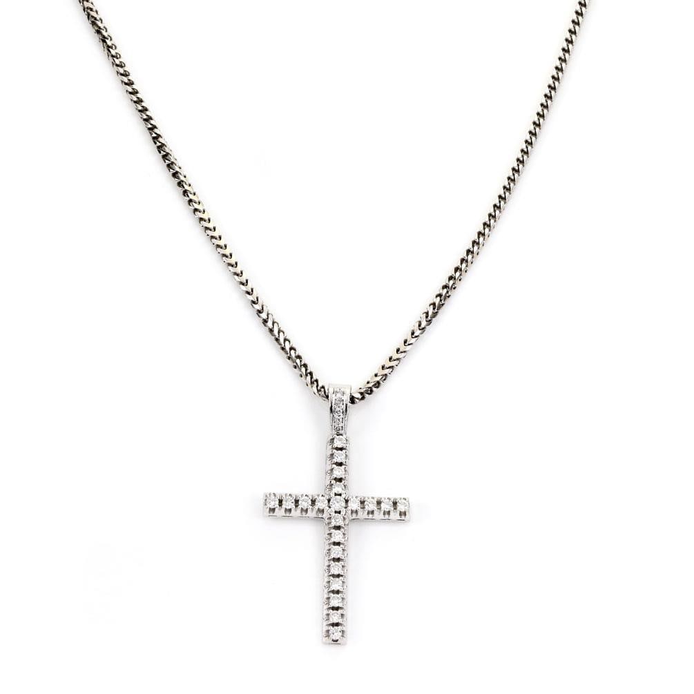 Vintage 1.50ct Diamond 14k White Gold Cross Pendant with 30 Inch Chain: Vintage 1.50ct Diamond 14k White Gold Cross Pendant with 30 Inch Chain This stunning vintage cross pendant is a striking piece of jewelry, crafted from high-quality 14k white gold with a polished fini