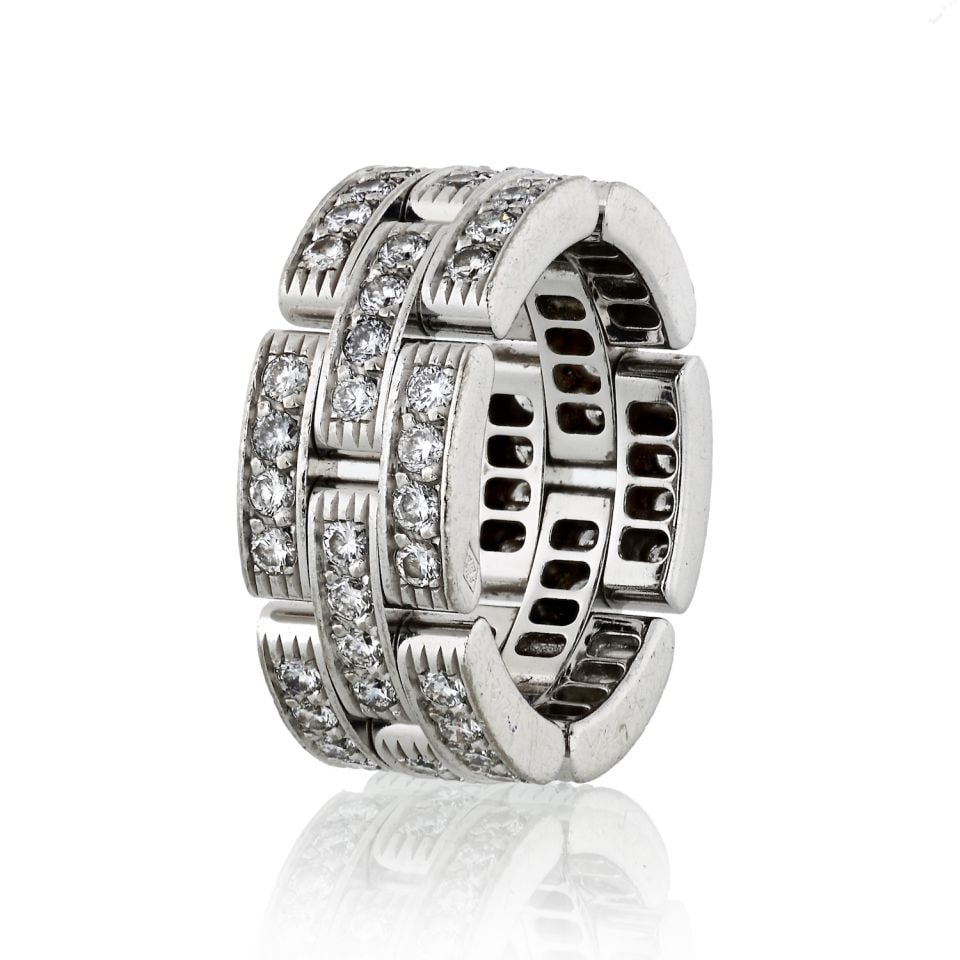 Cartier Maillon 18K White Gold Diamond Ring 1.45cts: Cartier Maillon 18K White Gold Diamond Ring 1.45cts This exquisite Cartier Maillon ring features a stunning design crafted from 18K white gold, showcasing three rows of shimmering round cut diamonds. 