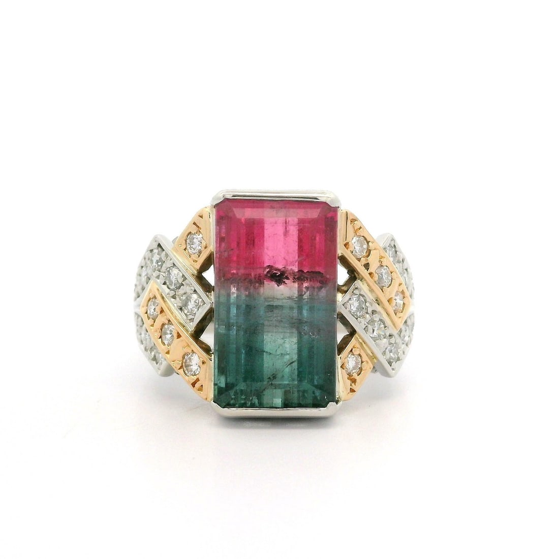 18k Yellow Gold Platinum Bi-Color Tourmaline Diamond Cocktail Ring 6.9ctw: 18k Yellow Gold Platinum Bi-Color Tourmaline Diamond Cocktail Ring 6.9ctw This exquisite cocktail ring showcases a stunning bi-color tourmaline, featuring a rectangular step cut that exhibits captivat