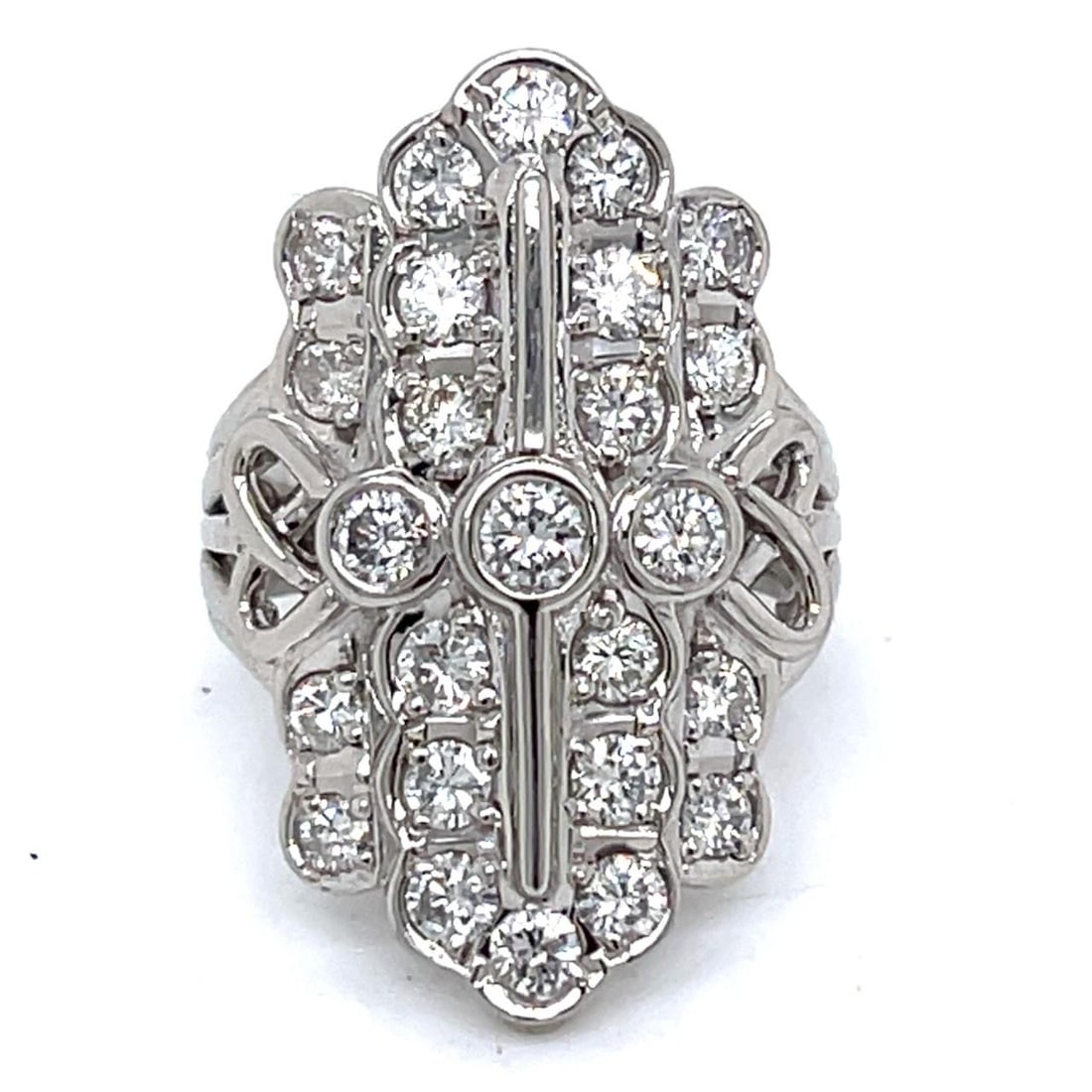 2.00 Carat Diamond Platinum Ring with 25 Stones Size 7: 2.00 Carat Diamond Platinum Ring with 25 Stones Size 7 This platinum ring features a total diamond weight of 2.00 carats, set with 25 diamonds of F-H color and VS1-VS2 clarity. The ring weighs 19.4 gr