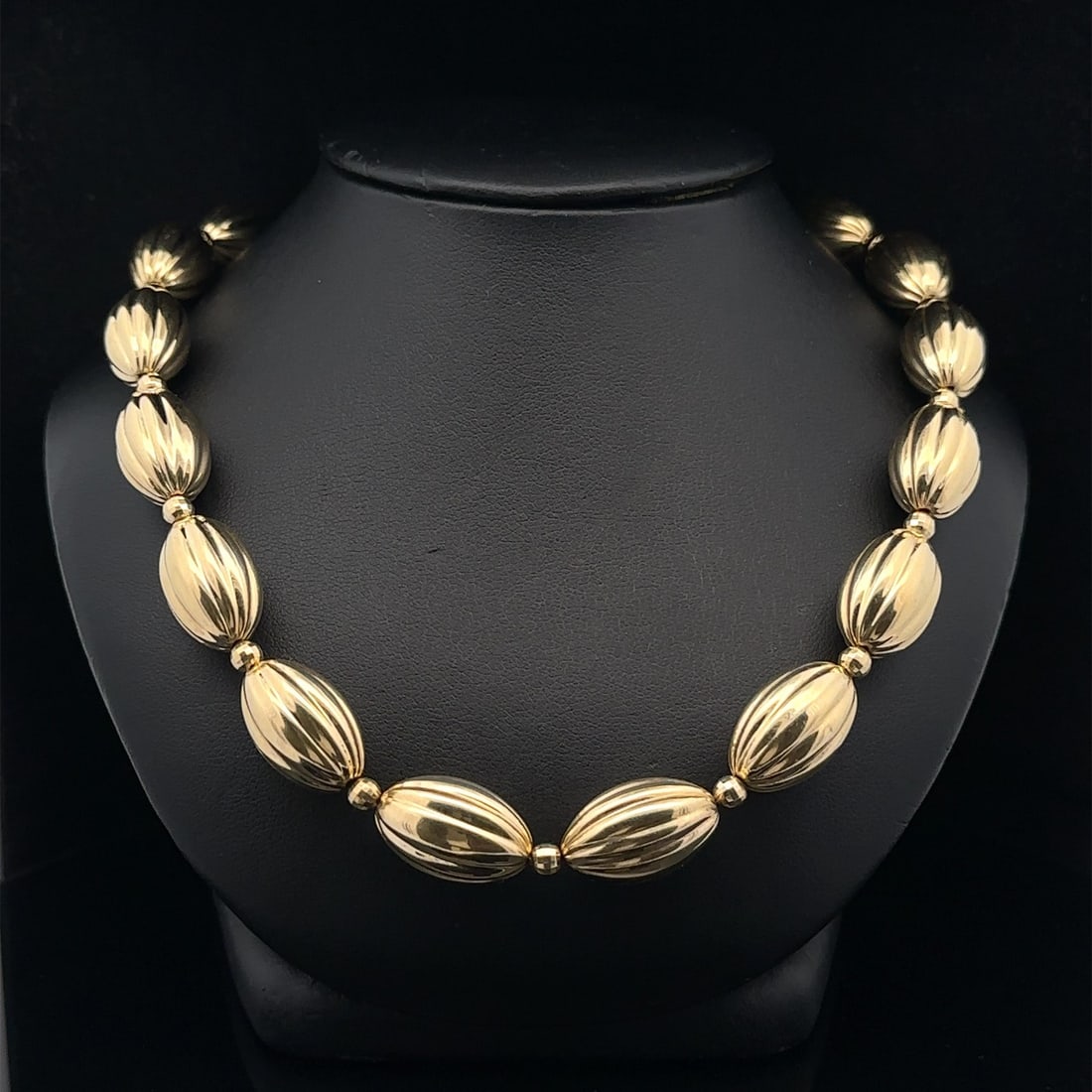 14k Yellow Gold Grooved Barrel and Round Bead Necklace 18in Cable Link Chain (1 of 9)