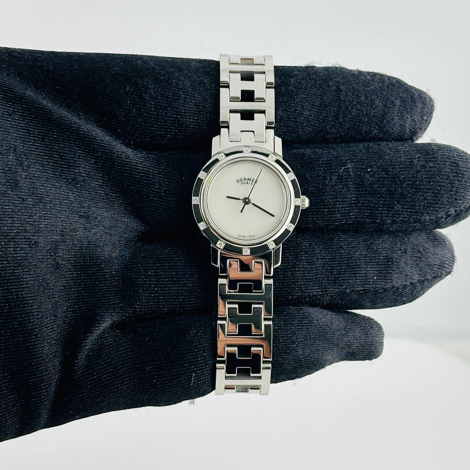 Ladies Hermes Clipper CL4.230 Diamond Bezel White MOP Dial Steel Watch (1 of 5)