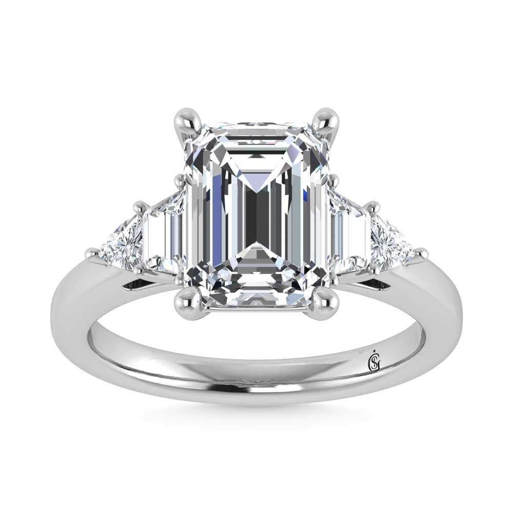 14K White Gold Lab Grown Diamond 3 5/8 Ct.Tw. Emerald Shape Engagement Ring: 14K White Gold Lab Grown Diamond 3 5/8 Ct.Tw. Emerald Shape Engagement Ring This stunning three-stone ring features a sparkling 3 CT Emerald Center diamond with two shimmering side diamonds, symbolizi
