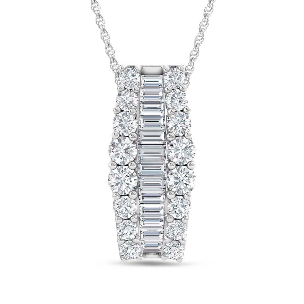 14K White Gold 4 Ct.Tw. Round and Baguette Lab Grown Diamond Fashion Pendant: 14K White Gold 4 Ct.Tw. Round and Baguette Lab Grown Diamond Fashion Pendant A striking showcase of brilliance, this 14K white gold fashion pendant sparkles with round and baguette lab-grown diamonds 