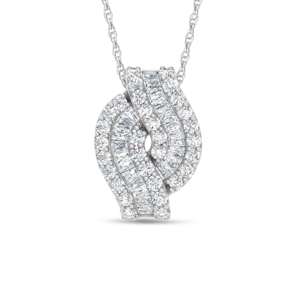 14K White Gold Lab Grown Diamond 1 3/8 Ct.Tw. Roud and Tapper Fashion Pendant: 14K White Gold Lab Grown Diamond 1 3/8 Ct.Tw. Roud and Tapper Fashion Pendant Polished 14K white gold highlights round and tapered lab-grown diamonds totaling 1 3/8 carat total weight in this elegant 