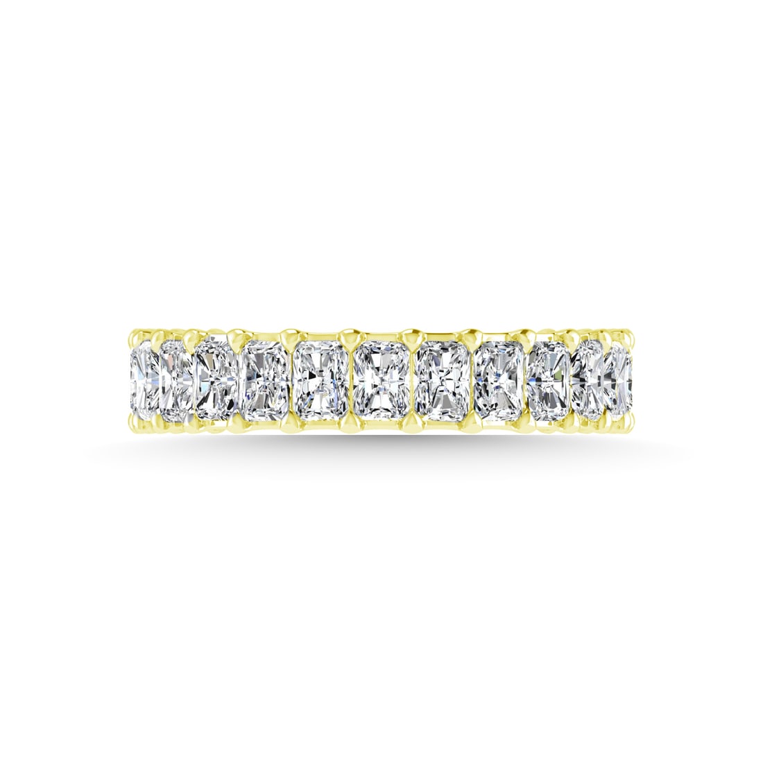 18K Yellow Gold 4 3/4 CT Tw. Emerald Shape Diamond Three Forth Eternity Band: 18K Yellow Gold 4 3/4 CT Tw. Emerald Shape Diamond Three Forth Eternity Band 18k Yellow Gold Stone Color: G-h Stone Clarity: Si Each ring is presented in standard size 6.5. Complimentary resizing is a