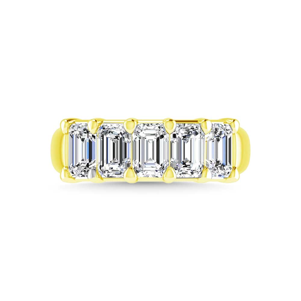18K Yellow Gold 3/4 CT Tw. Emerald Shape Diamond Five Stone Anniversary Band: 18K Yellow Gold 3/4 CT Tw. Emerald Shape Diamond Five Stone Anniversary Band 18k Yellow Gold Stone Color: G-h Stone Clarity: Si Each ring is presented in standard size 6.5. Complimentary resizing is a