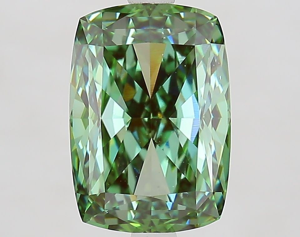 Loose Diamond - CUSHION MODIFIED 4.1ct Fancy Vivid Green VS1: Loose Diamond - CUSHION MODIFIED 4.1ct Fancy Vivid Green VS1 Source: This is a real non-mined Diamond that has been grown in a lab Shape: CUSHION MODIFIED Carats: 4.1 Color: Fancy Vivid Green Certific