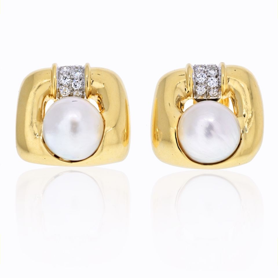 David Webb Platinum 18K Gold Pearl Diamond Clip-On Earrings (1 of 4)