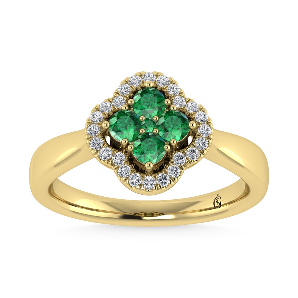 14K Yellow Gold Diamond 5/8 Ct.Tw. and Emerald Clover Ring: 14K Yellow Gold Diamond 5/8 Ct.Tw. and Emerald Clover Ring 14k Yellow Gold Stone Color: G-h Stone Clarity: Si2 Each ring is presented in standard size 6.5. Complimentary resizing is available between 