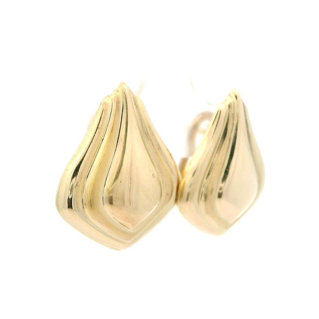 Elegant 14k Yellow Gold Flame Omega Earrings: Elegant 14k Yellow Gold Flame Omega Earrings Add a touch of elegance to your look with these stunning Omega earrings, crafted from solid 14k yellow gold. Featuring a unique dual finish that reflects l