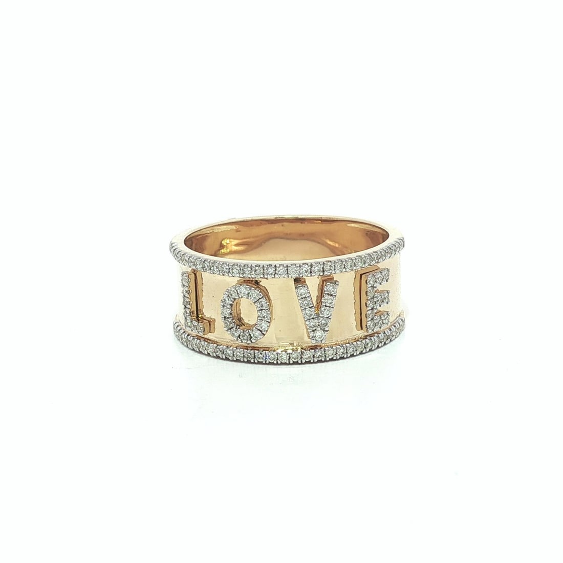 Diamond LOVE Motif 14k Yellow Gold Wide Band Ring Size 6: Diamond LOVE Motif 14k Yellow Gold Wide Band Ring Size 6 This elegant women's band ring features the word "LOVE" covered in round brilliant cut natural diamonds, micro pave set for a dazzling effect. 