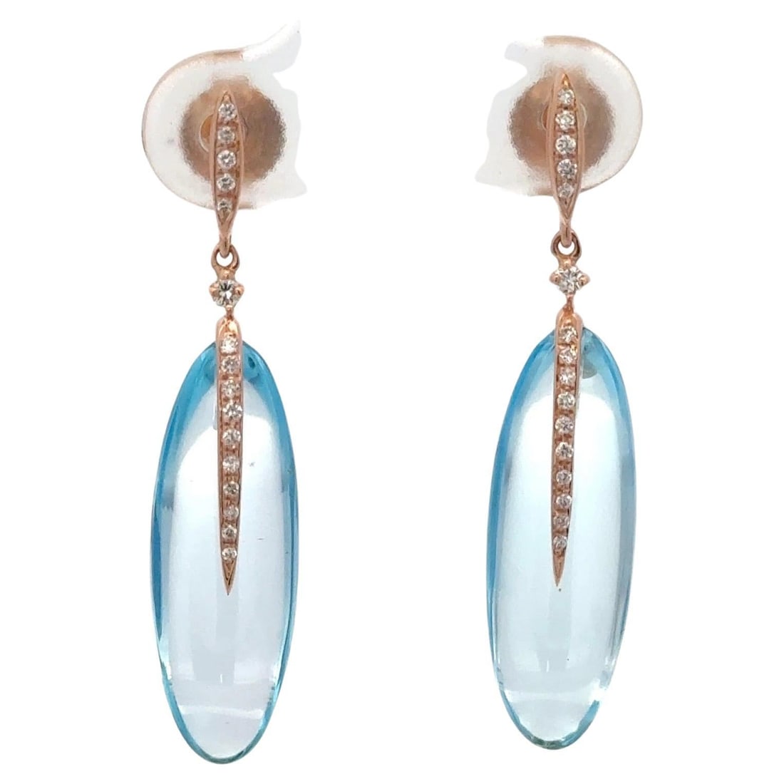 18k Rose Gold Drop Earrings with Sky Blue Topaz and Diamond Accents: 18k Rose Gold Drop Earrings with Sky Blue Topaz and Diamond Accents These contemporary drop earrings are crafted in 18 karat rose gold and feature two oval-shaped sky blue topaz stones with a total we