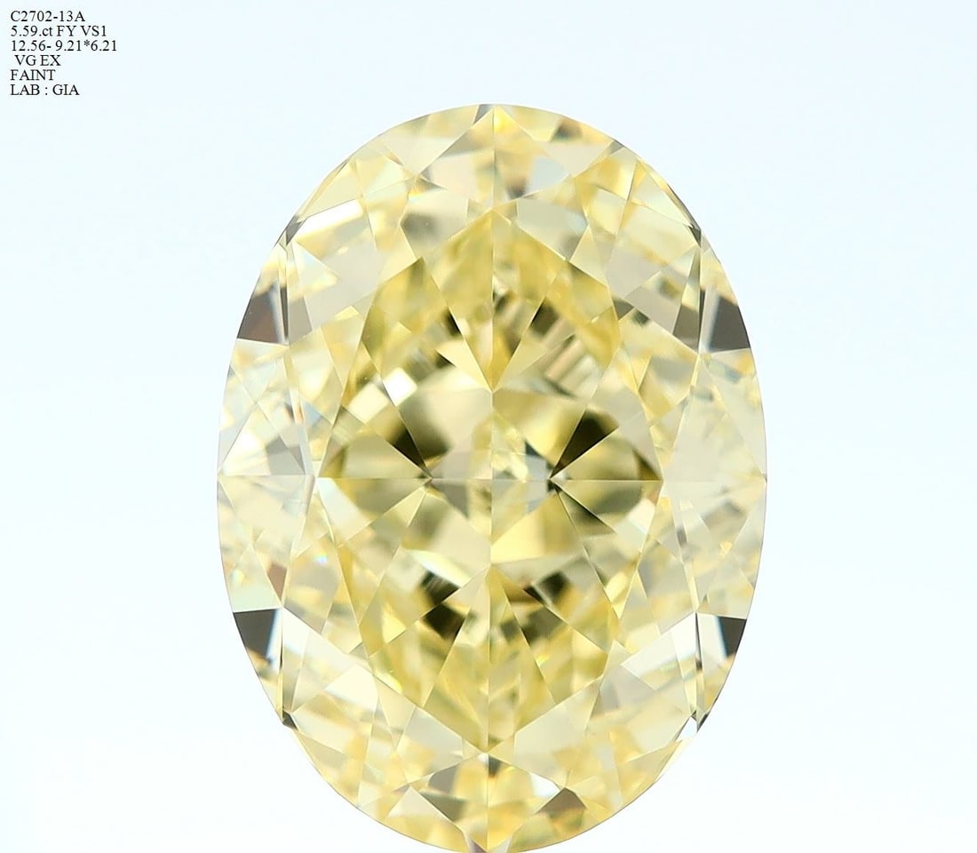 Loose Diamond - OVAL 5.59ct Fancy Yellow VS1: Loose Diamond - OVAL 5.59ct Fancy Yellow VS1 Source: Natural Shape: OVAL Carats: 5.59 Color: Fancy Yellow Certification: GIA Video: