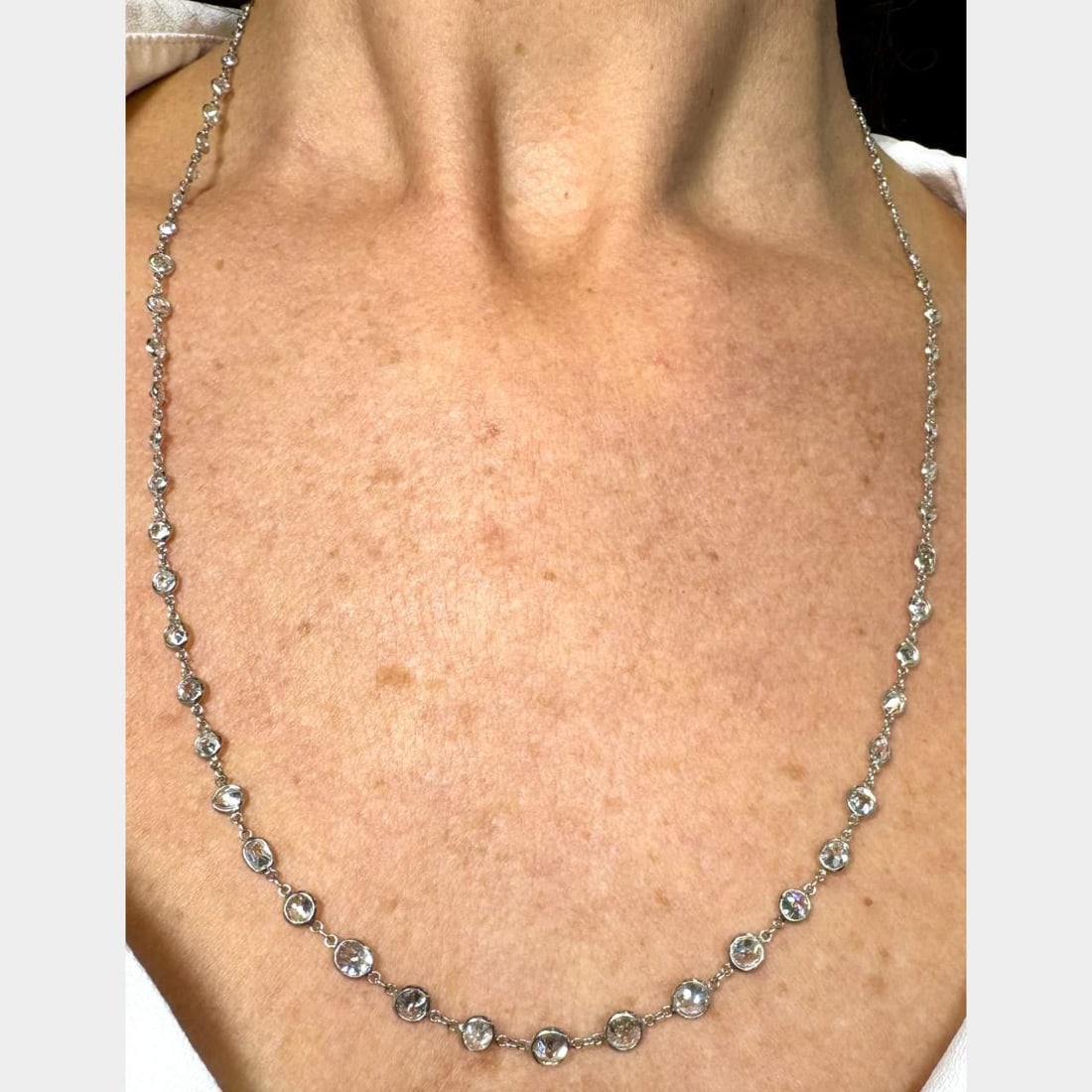 Elegant 15.00 Ct Platinum Diamond by the Yard Necklace 73 Diamonds: Elegant 15.00 Ct Platinum Diamond by the Yard Necklace 73 Diamonds This exquisite Platinum Diamond by the Yard Necklace features a stunning collection of 73 diamonds with an approximate total weight o