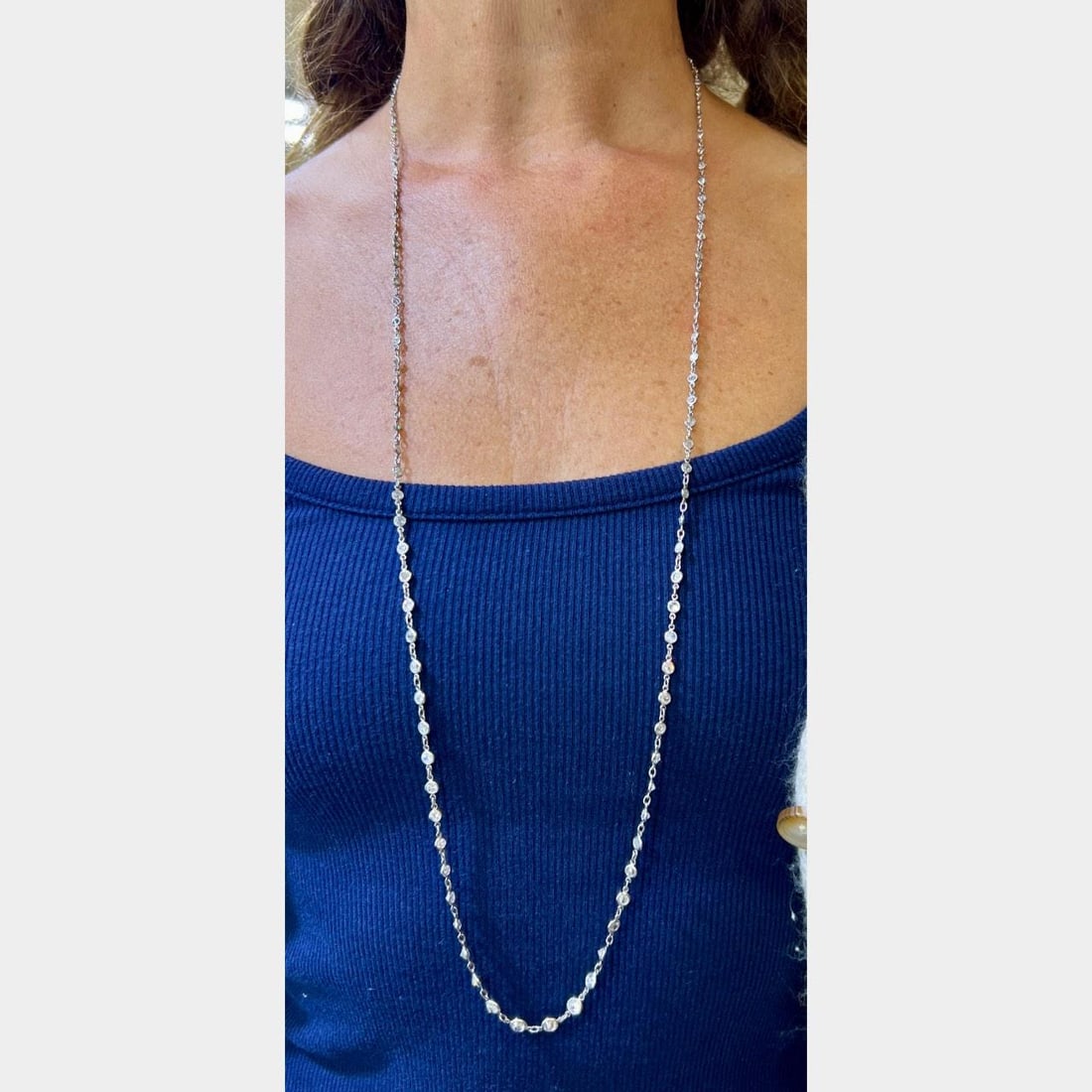 Platinum 15.50 Ct Diamond by the Yard Necklace 35 Inches: Platinum 15.50 Ct Diamond by the Yard Necklace 35 Inches This exquisite Platinum Diamond by the Yard Necklace features a stunning total weight of approximately 15.50 carats, showcasing 105 brilliant d