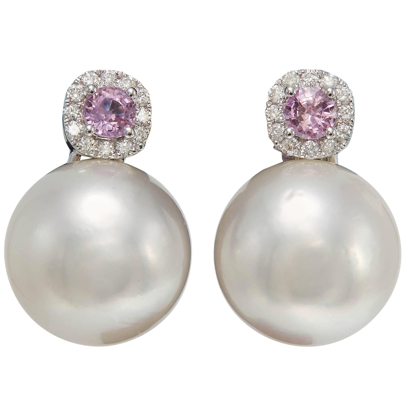 Harbor Diamonds 18k White Gold South Sea Pearl Drop Earrings with Pink Sapphire and Diamond: Harbor Diamonds 18k White Gold South Sea Pearl Drop Earrings with Pink Sapphire and Diamond Elevate your elegance with these stunning South Sea Pearl and Pink Sapphire Drop Earrings, expertly crafted 