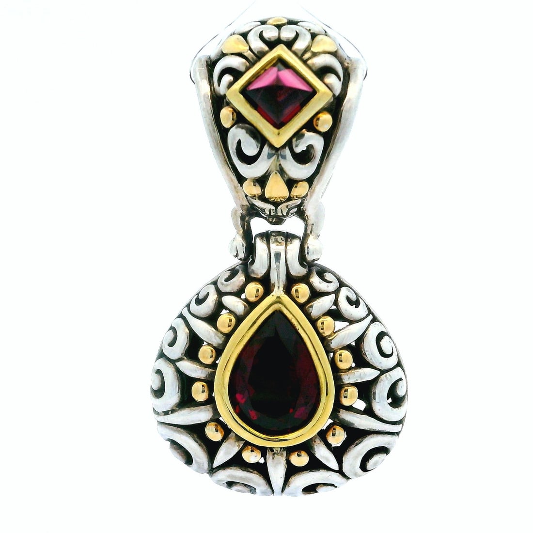 John Hardy Batu Sari Sterling Silver 18k Gold Rhodolite Garnet Pendant: John Hardy Batu Sari Sterling Silver 18k Gold Rhodolite Garnet Pendant Introducing the John Hardy Batu Sari Slide Pendant, an exquisite piece crafted with a stunning blend of Sterling Silver and 18k Y