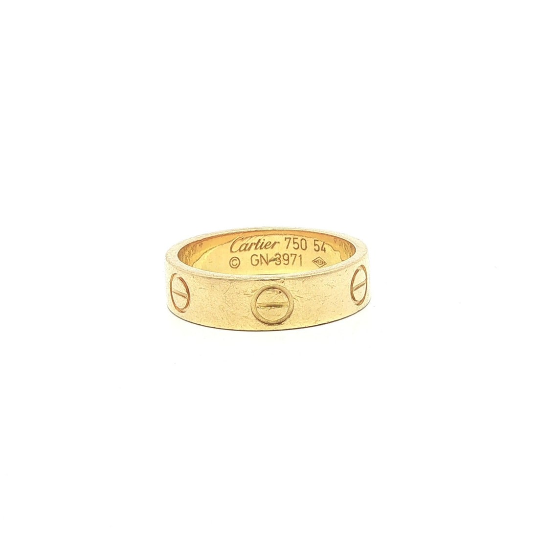 Cartier Love Band 18k Yellow Gold 5.1mm Ring Size 54 US 6: Cartier Love Band 18k Yellow Gold 5.1mm Ring Size 54 US 6 This Cartier Love band ring is crafted from solid 18k yellow gold and features a 5.1mm width. Designed for women, it is a size 54, which fits 