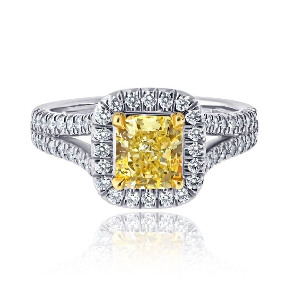 Radiant Cut 1.16 Carat Fancy Yellow Diamond Platinum and 18K Gold Ring (1 of 5)