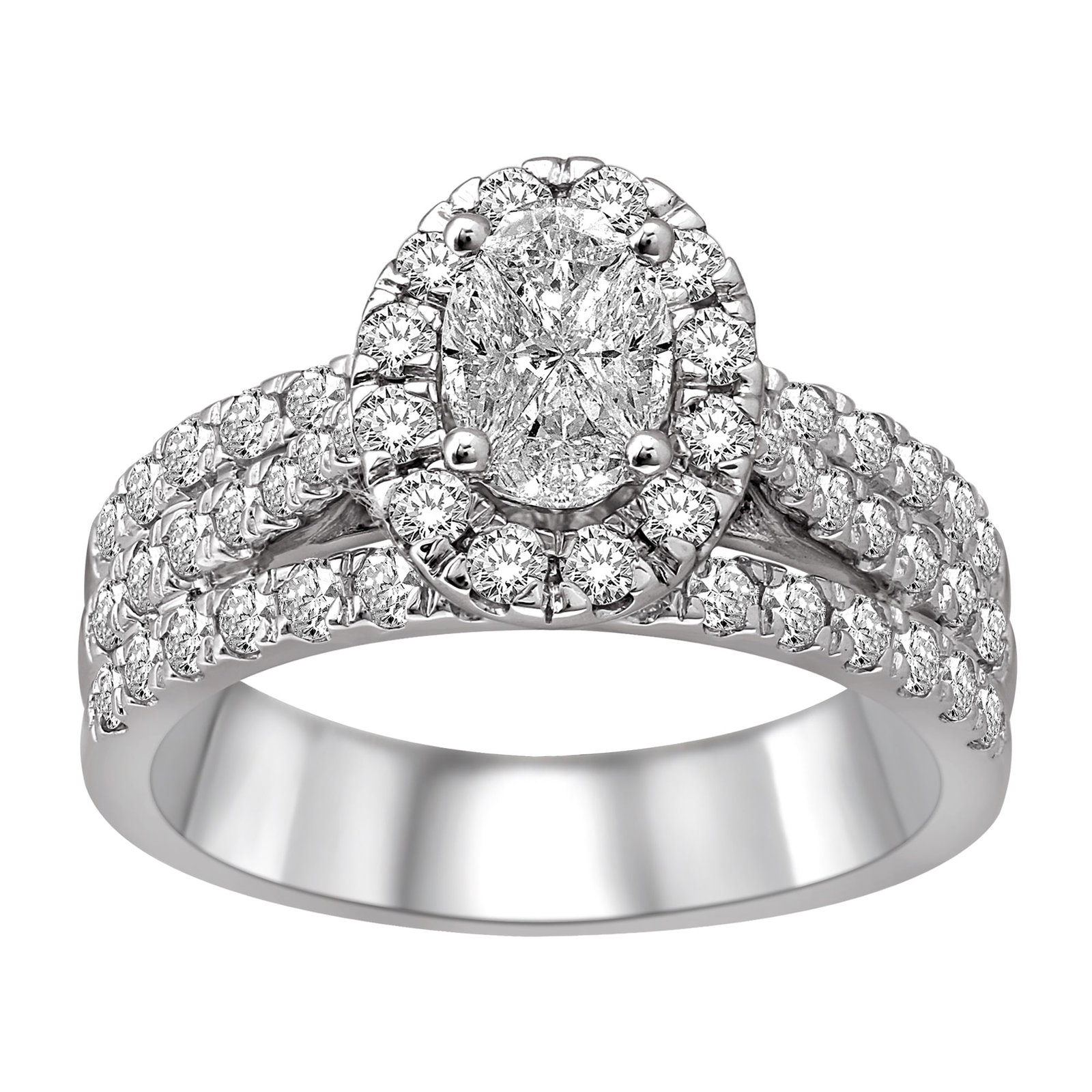 Lovecuts 14K White Gold 1 1/2 Ct.Tw. Diamond Engagement Ring: Lovecuts 14K White Gold 1 1/2 Ct.Tw. Diamond Engagement Ring Fashioned In 14K White Gold, This Three Row Shank Engagement Ring Feature Oval Shape Solitaire Which Gives Perceived Look And Frame Of Smal