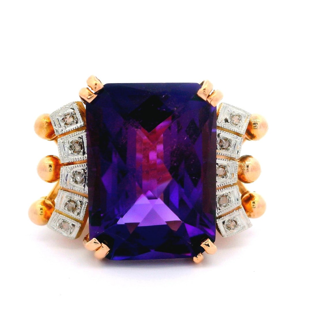 Handmade Vintage 18k Rosy Yellow Gold Amethyst Diamond Cocktail Ring: Handmade Vintage 18k Rosy Yellow Gold Amethyst Diamond Cocktail Ring Experience elegance with this Handmade Vintage Retro cocktail ring crafted in 18k rosy yellow gold. This stunning piece features a 